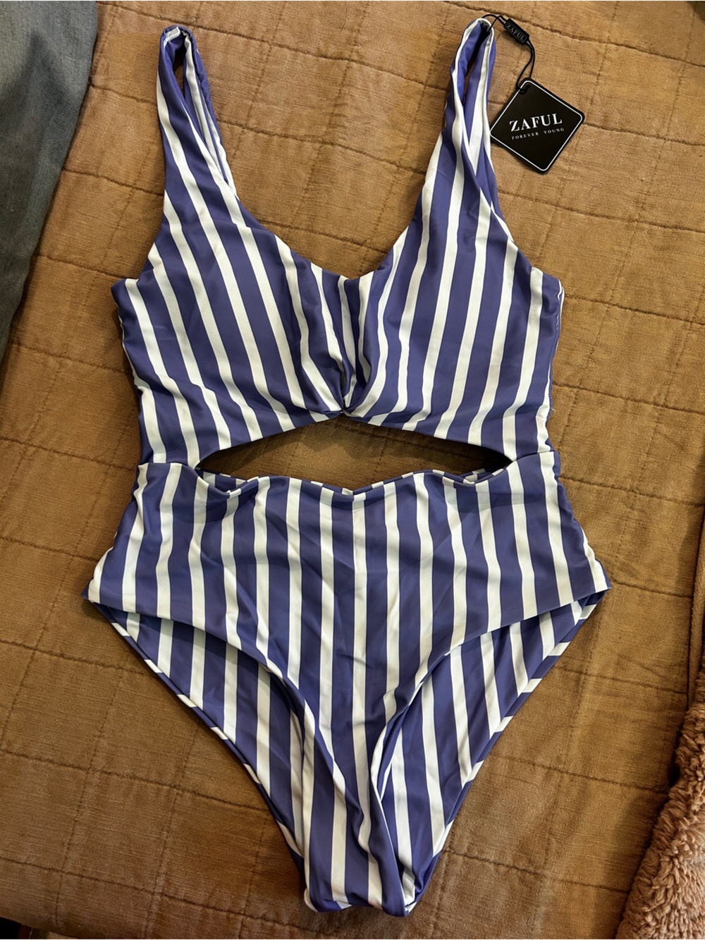 Zaful Lavender and White Striped One-Piece Swimsuit